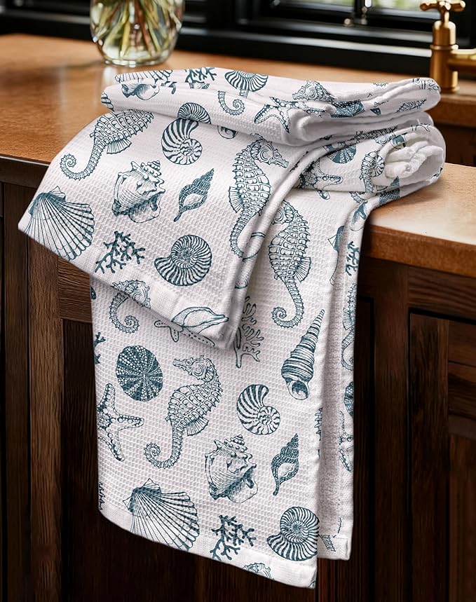 Miss Adola 2pcs Waffle Kitchen Towels - 16x26 Inch Cotton Waffle Weave Dish Cloths Set of 2 with Hanging Loop Absorbent Hand Tea Towels Coastal Design for Housewarming Gift, Nautical