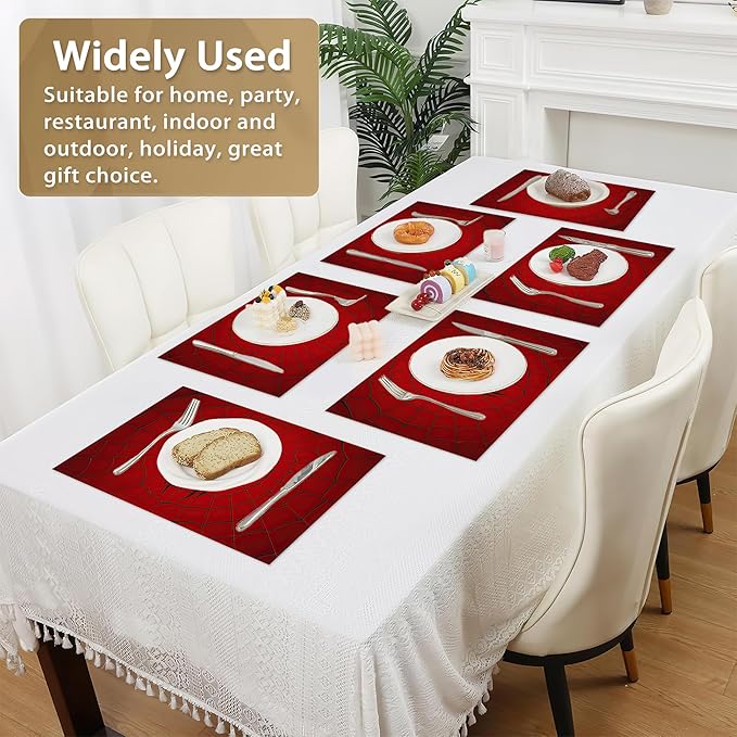 Red Spider Web Placemats Set of 6,12x18 Inch Table Mats for Kitchen Table Washable Farmhouse Linen Table Mats Dining Decoration