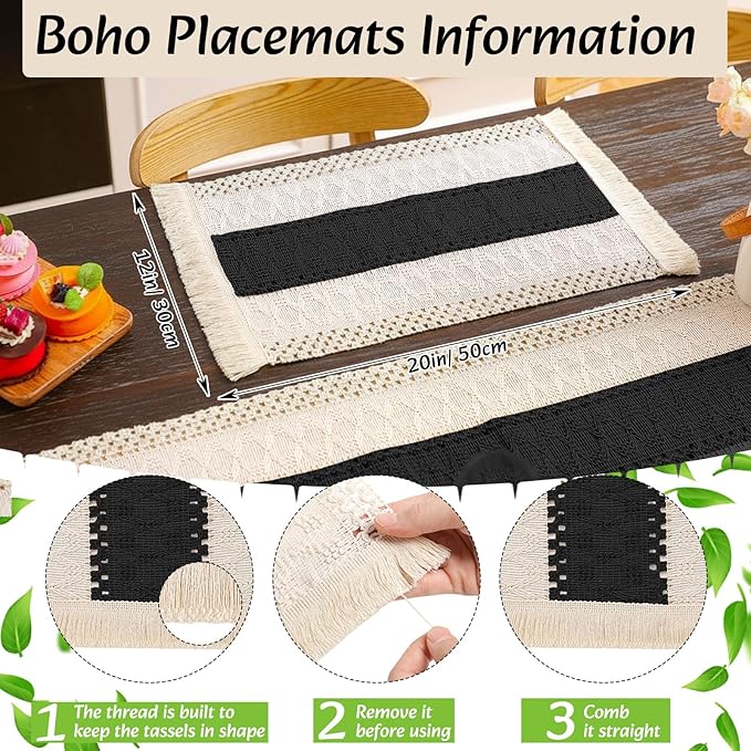 Boho Placemats 4/6/8 Set of Round Woven Placemat Macrame Style Bicolor Stitching Long Table Runner Farmhouse Rustic Natural Burlap Cotton for Kitchen Dining Table(6 Sets,Black A,12x72)