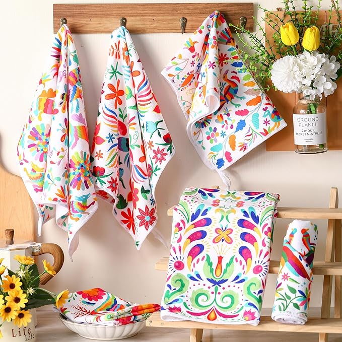 Breling Set of 6 Mexican Kitchen Towels Dia De Los Muertos Decorations Mexican Themed Dish Towel Bathroom Decorative Day of The Dead Hand Cloths Decor for Kitchen Bathroom Home Cooking, 14 x 21 Inch