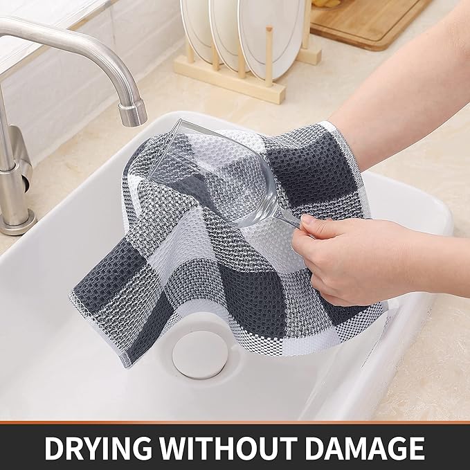 Homaxy 100% Cotton Waffle Weave Check Plaid Dish Cloths, 12 x 12 Inches, Super Soft and Absorbent Dish Towels Quick Drying Dish Rags, 6-Pack, White & Dark Grey