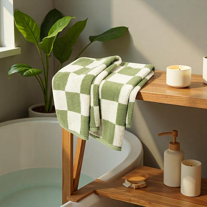 Madi-Cadi 100% Cotton Checkerboard Towels Set of 2, Farmhouse Kitchen & Guest Bathroom Towels, 13 x 29 Inches, Highly Absorbent Lint-Free Dish & Hand Towels with Double-Stitched Hems(Green)