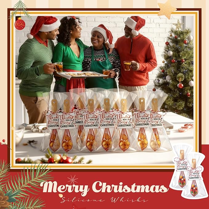 Baderke 20 Sets Baking Gifts Set Includes 8 Inch Silicone Whisk with Wood Handle Wired Stainless Steel Whisk Set Greeting Cards Plastic Bags for Party Birthday Christmas Stuffers Gift(Red)