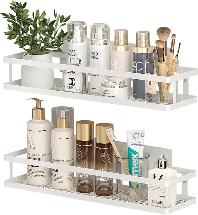 PUSDON 2-Pack 16.5" Extra Long Slim Shower Caddy, Adhesive Wall Mount Bathroom Organizer, Rustproof Open Frame Mesh Spice Rack for Kitchen, Holds 50LBS - White, Guardrail
