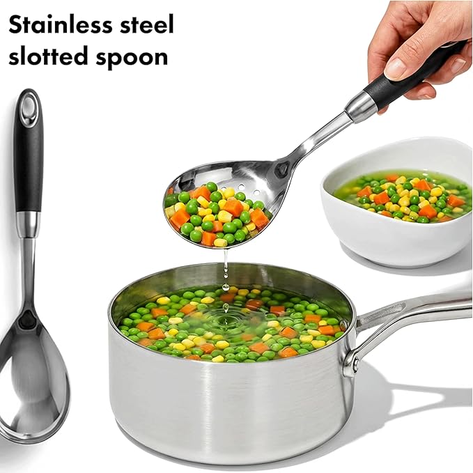 304 Stainless Steel Spoon Set, Soup Ladle, Solid & Slotted Cooking Spoons, Non-Slip Heat-Resistant Handles, Dishwasher Safe Kitchen Tools,Stainless Steel Large Serving Spoons Set pack of 3