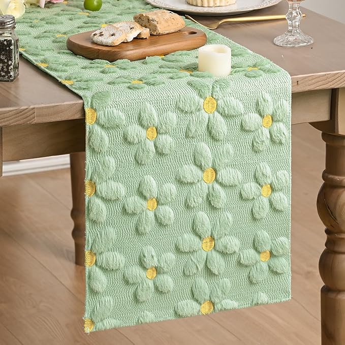 Artoid Mode Green Soft Plush Faux Fur Jacquard Embroidery Daisy Spring Table Runner, Kitchen Dining Table Decoration for Home Party Decor 13x48 Inch