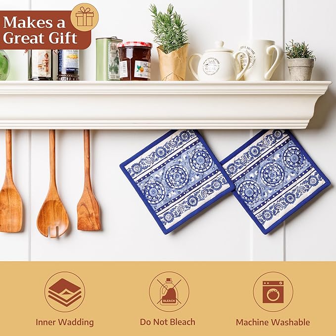Maison d' Hermine Pot Holders 100% Cotton Heat Resistant Potholders 8" x 8" Hot Pads with Loop BBQ Cooking Baking Gifts for Mothers Day Handling Hot Pans Spring/Summer (Pack of 1, Melodie Bleue)