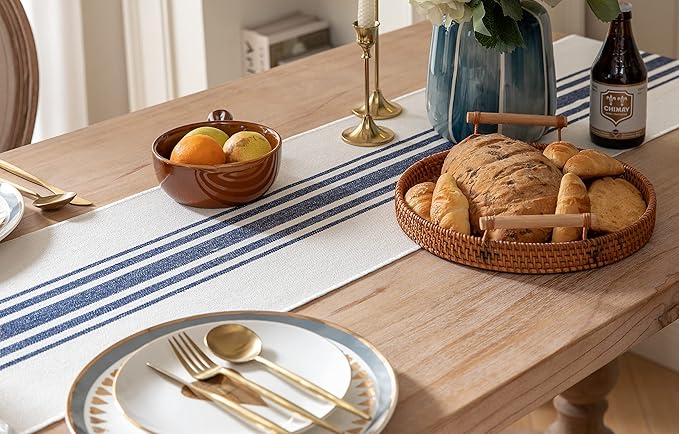 Boho Table Runner for Modern Farmhouse Decor, Dining Table décor 13 x 90 Inch Long with Handcrafted Tassels, Navy Blue and Beige Stripe Table Runner for Home Boho décor