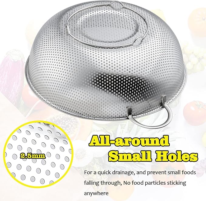 P&P CHEF Stainless Steel Colander, Micro-Perforated Food Strainer with Handle for Washing Draining, Great for Pasta Fruits Vegetables, Dishwasher Safe & Healthy, 1 +3 Qt, 2Pcs