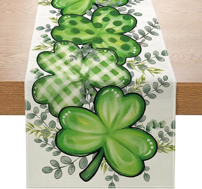 ONFAON St Patrick's Day Table Runner Decorations Shamrock Eucalyptus Heart Seasonal Spring Kitchen Dining Table Decoration for Home Party Decor 13x72 Inch