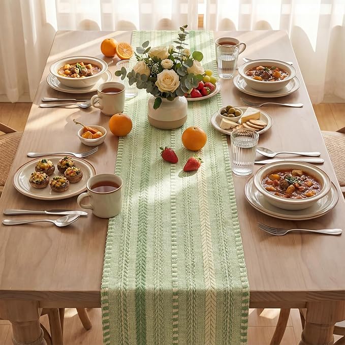 Artoid Mode Sage Green Farmhouse Woven Table Runner, Seasonal Holiday Rustic Kitchen Dining Table Decoration for Home Party Decor 12x90 Inch