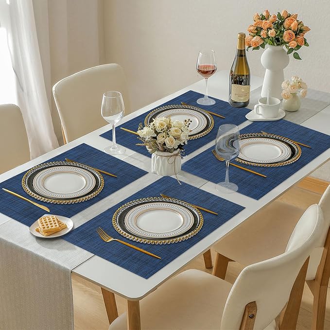 Vinyl Placemats Set of 8, PVC Woven Washable Non-Slip Table Mats, Heat Resistant Wrinkle Free Place Mats for Dining Table, Easy to Clean (8, Navy Blue)