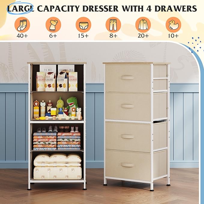 WLIVE Dresser with 4 Drawers, Storage Tower, Organizer Unit, Fabric Dresser for Bedroom, Hallway, Entryway, Closets, Sturdy Steel Frame, Wood Top, Easy Pull Handle, Cream White