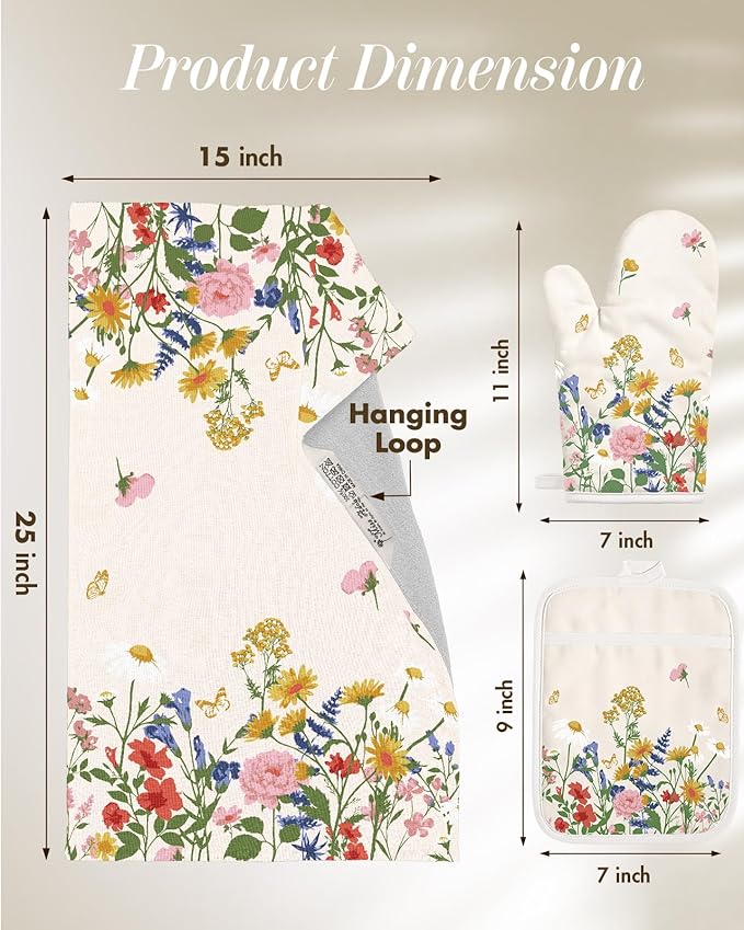 Miss Adola 270 GSM Cotton Kitchen Towels, Oven Mitt and Pot Holder - 4 Pack Kitchen Decor and Accessories Set Spring Cute Farmhouse Quilted Lining Heat Resistant Set with Hanging Loop, Retro Flower