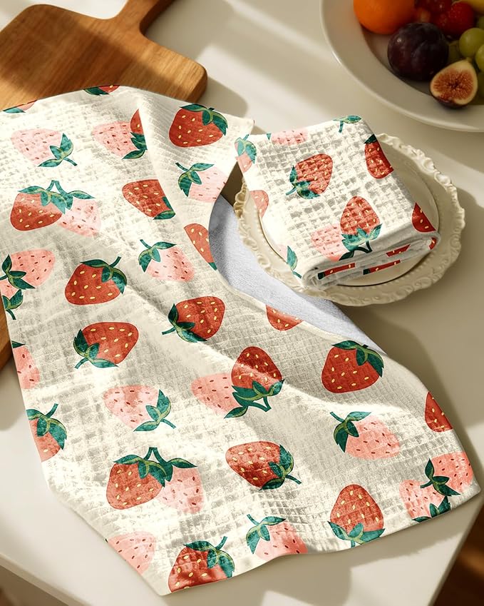 Miss Adola Cotton Waffle Kitchen Towels - Cute 370 GSM 16x25 Inch Terry Cloth Waffle Decorative Dishcloth for Kitchen Set of 2 with Hanging Loop Absorbent Hand Tea Towel for Home Design, Strawberry