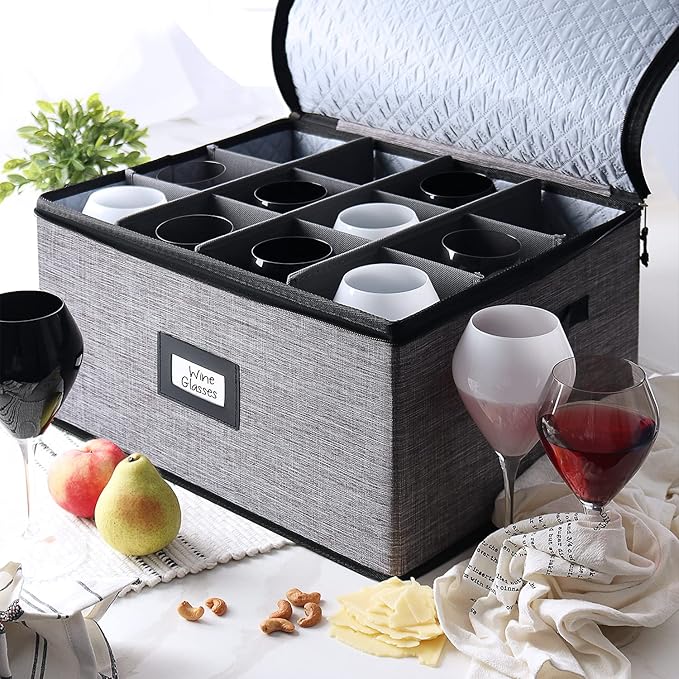 Wine Glass Storage Box with Dividers, 2 Pack Stackable Stemware Storage Cases, Service of 24 Glassware Storage Containers, Quilted China Storage Containers for Moving and Seasonal Storage, Grey
