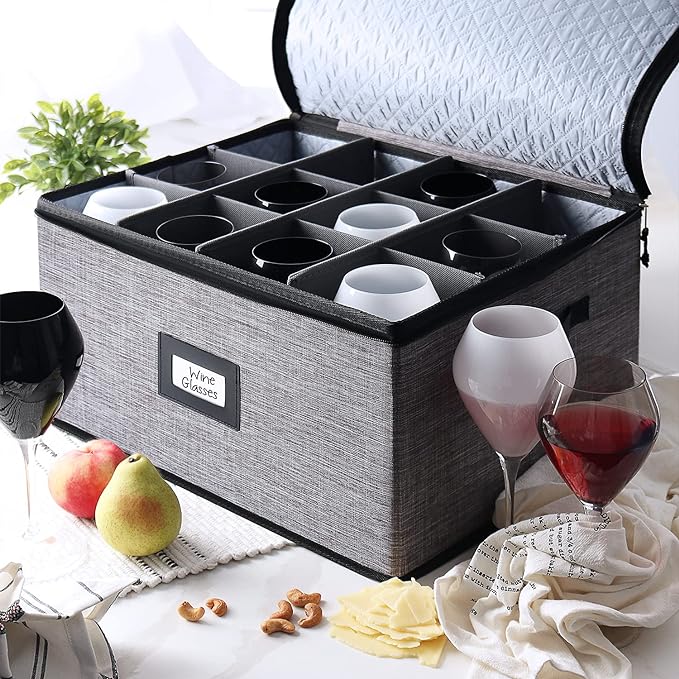 Hearth & Harbor Wine Glass Storage Box with Dividers, Quilted and Stackable Stemware Storage Cases, Service of 12 Glass China Container Hard Shell for Moving and Organization, Grey