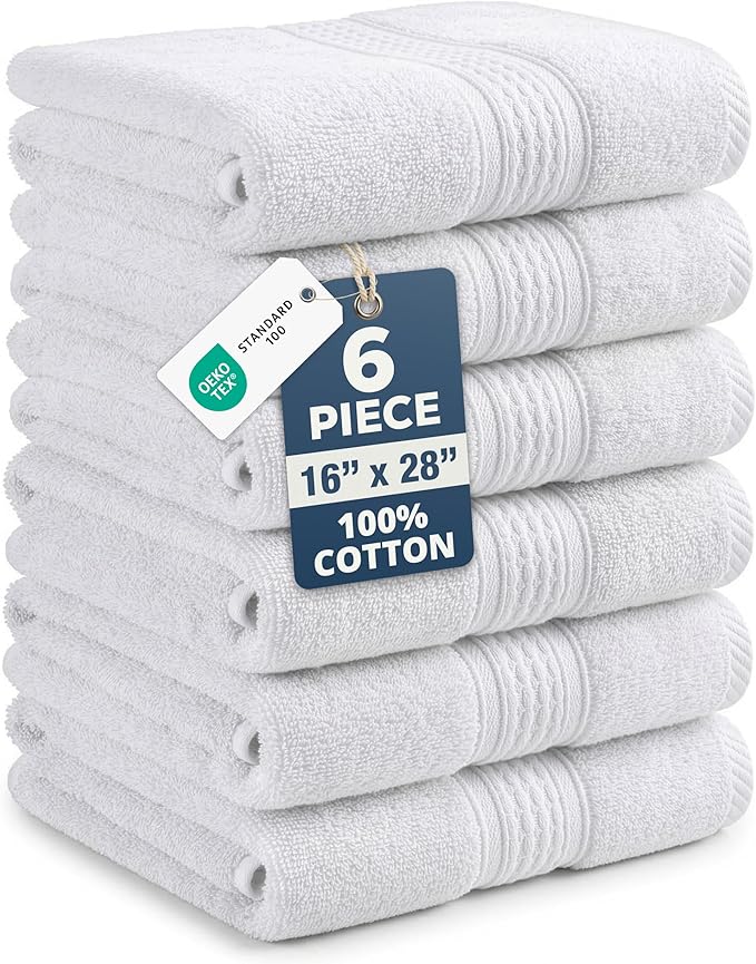 White Hand Towels for Bathroom - Pack of 6 (16"x28") 100% Cotton Hand & Face Towels - Soft, Durable, Quick Dry & Highly Absorbent, Fingertip Towel for Bathroom - Great for Gym, Salon, Spa & Family Use
