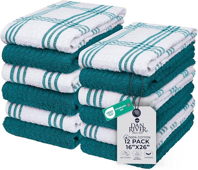 DAN RIVER Premium Kitchen Towels - [Pack of 12] 100% Cotton (16x 26 Inches) -Super Soft,Highly Absorbent, Quick Dry, Dish Towels for Kitchen Towels -Teal