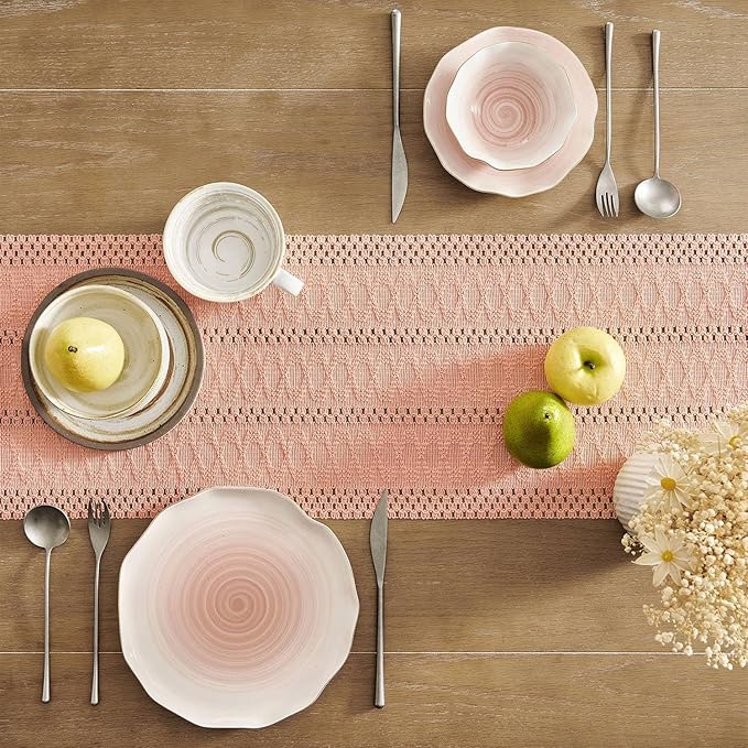 ZeeMart Macrame Style Boho Table Runner, Pink Table Runners 90 Inches Long, Farmhouse Woven Home Decor, 12x90 Inch, Rose Pink