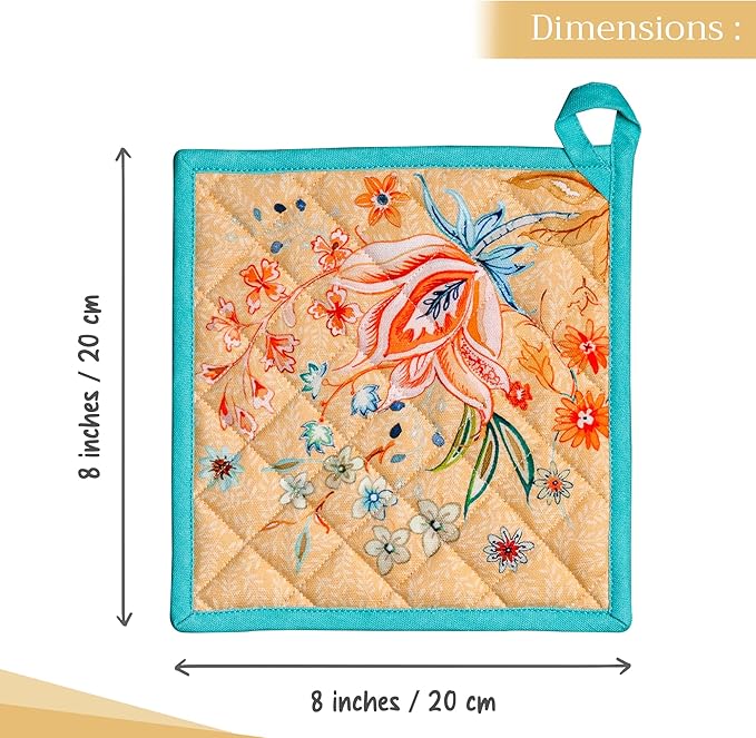 Maison d' Hermine Pot Holders 100% Cotton Heat Resistant Potholders 8" x 8" Hot Pads with Loop Cooking Baking Gifts for Mothers Day Handling Hot Pans Spring/Summer(Pack of 2, Luxury Loft - Peach)