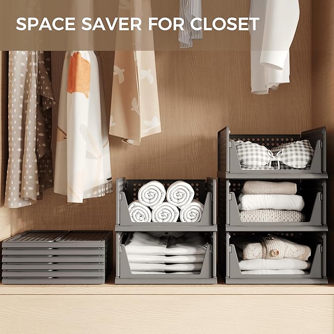PinkPum 6 Pack Black Closet Organizers and Storage Plastic Stackable Storage Bins, Morden Foldable Drawer Shelf Storage Container for Wardrobe Kitchen Bathroom Dorm