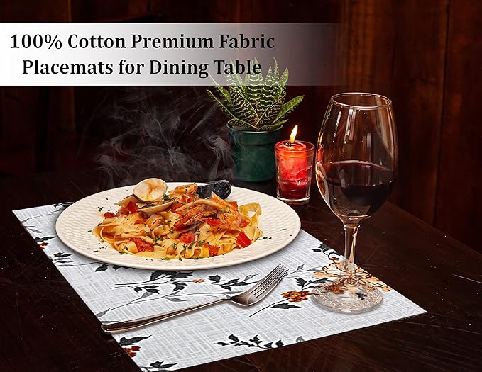 Ruvanti Placemats 100% Cotton 13x19 Inch, Dining Table Placemats Set of 6, Modern Place Mats for Dining Table Decor, Kitchen & Table Linens, Coffee Mat for Christmas Dinners - Grey Floral