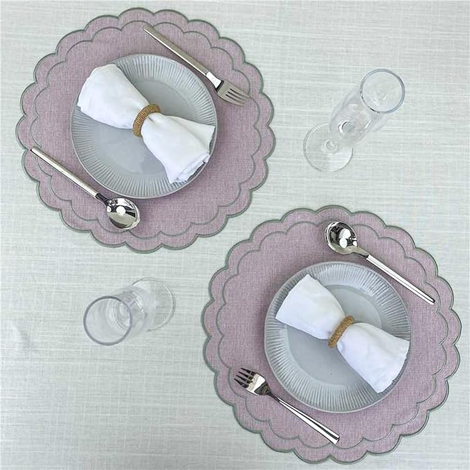 Linen Cotton Placemats Set of 4 Scalloped Flower Embroidery Place Mats 15'' Natural Linen Texture Fabric Machine Washable Table Mats for Restaurant Kitchen,Table Decor(Lilac)