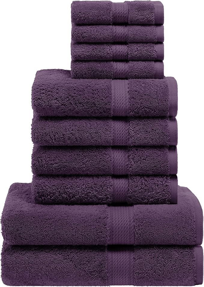 SUPERIOR Egyptian Cotton Pile 10 Piece Towel Set, Includes 2 Bath, 4 Hand, 4 Face Towels/Washcloths, Ultra Soft Luxury Towels, Thick Plush Essentials, Guest Bath, Spa, Hotel Bathroom, Plum