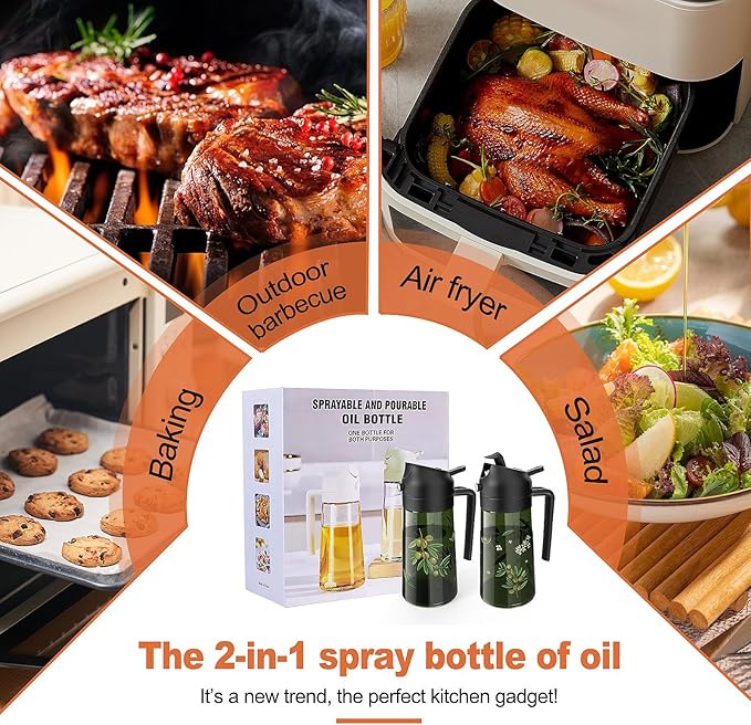 COOLMI Oil Sprayer for Cooking, 2 in 1 Olive Oil Dispenser Bottle Set for Kitchen, Food-Grade Glass Green Oil Vinegar Bottle Container - 16OZ/470ML Set of 2 (Black)