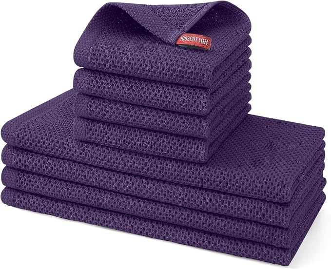Kitinjoy 100% Cotton Kitchen Towels and Dishcloths Set, 8 Pack-13" x 28" and 12" x 12" Waffle Weave Dish Towels, Ultra Soft Absorbent Quick Drying Dish Rags, Eggplant