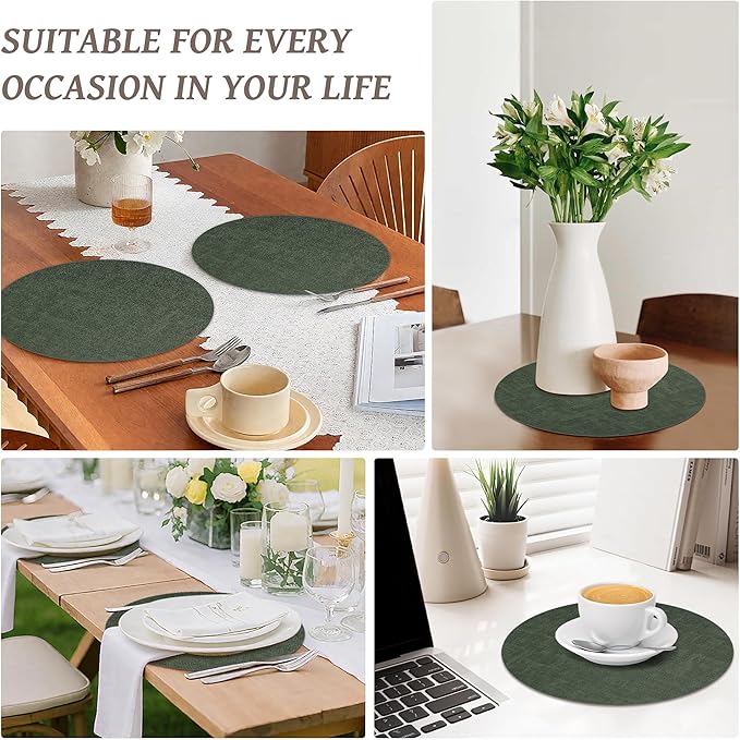 13" Round Placemats Set of 12, Reversible Faux Leather Heat Resistant Table Mats, 100% Waterproof Oilproof Wipeable Table Protective Placemats for Vinyl, Washable for Indoor (12, Dark Green)