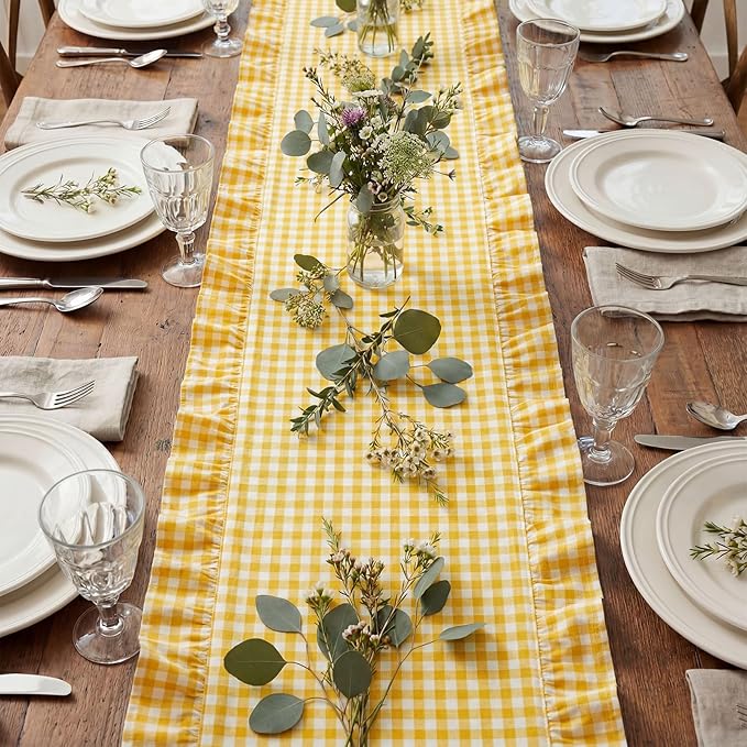 HunnmingRe 1 Pcs Yellow Plaid Gingham Ruffle Table Runner 72 x 13.8'' Farmhouse Easter Table Runner 100% Cotton Scalloped Long Dresser Scarves for Dining Room, Wedding, Kitchen Rustic Home Decor