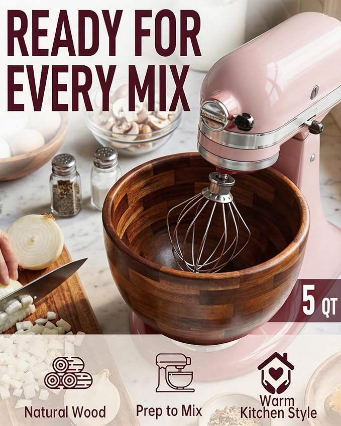 Wood Mixing Bowl Compatible with KitchenAid 4.5 & 5 Qt Tilt-Head Stand Mixer, 5QT Wooden Bowl with Stainless Steel Base, Natural Nonstick Mixing Bowl, Gift for Bakers