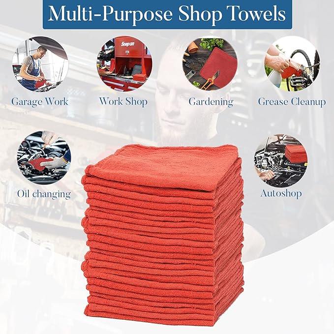 DAN RIVER Shop Towels, 50 Pack Commercial Use Red Terry Cloth Rags for Cleaning Cars & Household Surfaces – Well Absorbent, Reusable Cleaning Rags & Wash Clothes – Washable Towels