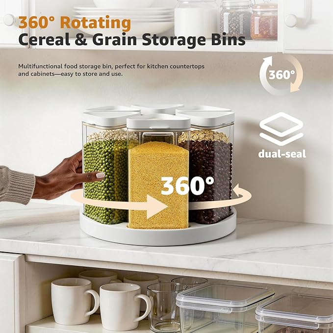 6-Grid Rotating Grain Storage Bins & Pantry Food Organizer, Dry Food Canister Set for Cereal, Grain, Snacks, Coffee Beans, Kitchen Countertop Storage