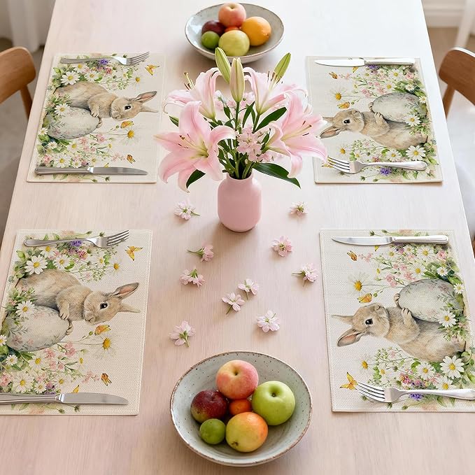 Easter Placemats Set of 4 12x18 inch for Dinning Table, Easter Decor for Party, Home - Bunny and Tulips Farmhouse Table Mat Spring Decroations