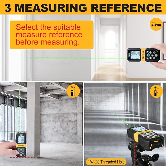PREXISO Laser Measure Rechargeable, 265Ft Green Beam Laser Measurement Tool with Angle Sensor& 30 Sets Data Storage &1/4"-20 Threaded Hole - Ft/Ft+in/in/M Units - Pythagorean Mode, Area, Volume