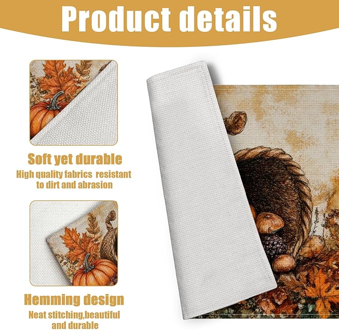 Fall Pumpkin Placemats Set of 6, Autum Mushroom Leaf Linen Place Mat Washable Stain Resistant Table Mats for Farmhouse Kitchen Dining Party Wedding Decor 12x18 Inch