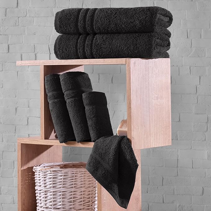 Black 6 Pack Bath Towels Sets Linen for Bathroom Original Turkish Cotton Soft, Absorbent and Premium 2 Bath, 2 Hand, 2 Washcloths