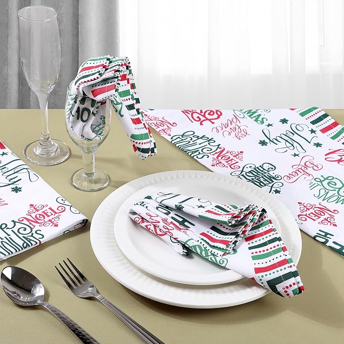 FINGERCRAFT Cloth Napkins, Set of 4 Cotton Linen Blend Printed Dinner Napkins Cloth Mitered Corner Perfect for Parties Dinners Christmas 20x20 Holiday