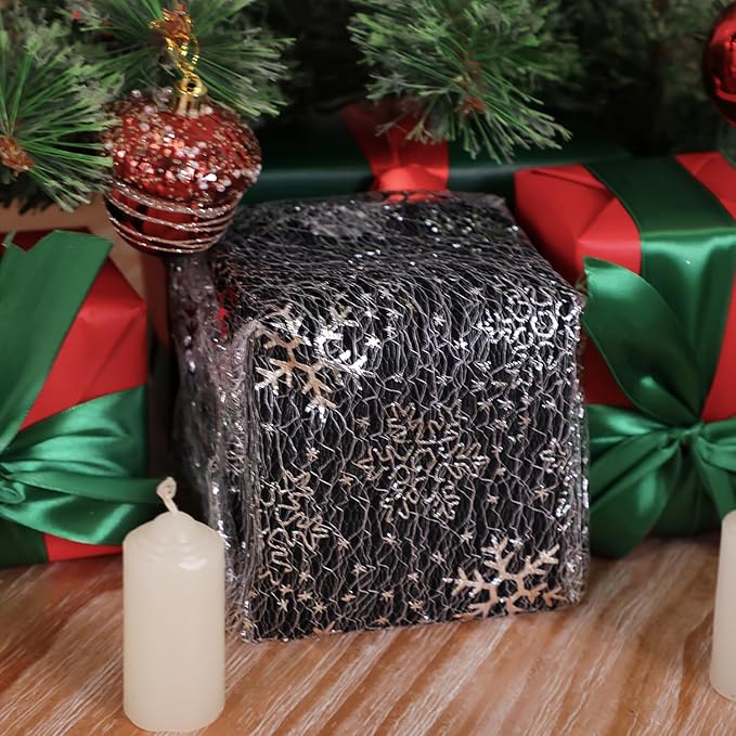 Snowkingdom Christmas Snowflake Silver Table Runner 11 Inch x 100 Feet Sparkly Silver Foil Glitter Metallic Mesh Runners Dining Table Decorations for Seasonal Winter Xmas Festival Holiday Home Party