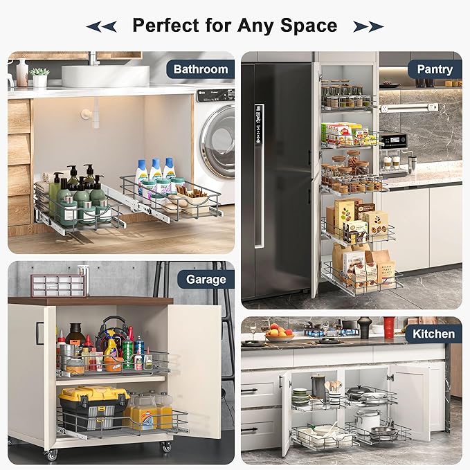 Pull Out Shelves - 11" W x 22" D Soft Close Pull Out Cabinet Organizer 1 Tier - Sliding Shelves with Shelf Liner - Heavy Duty Steel Wire Drawers for Kitchen Cabinets, Pantry, Bathroom