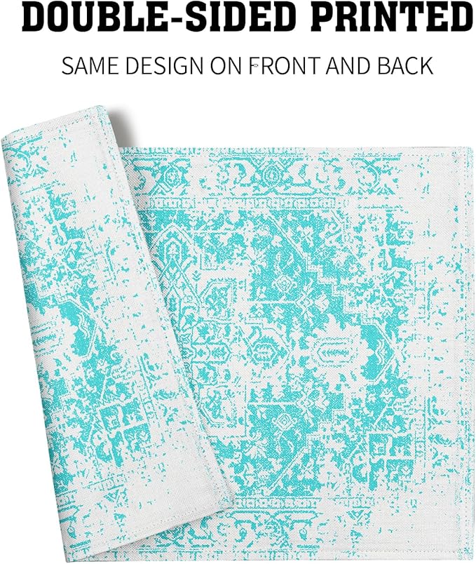 aportt Gray Aqua Turquoise Boho Placemats Set of 6 Ethnic Bohemian Carpet Place Mats Washable Kitchen Dining Vintage Grey Floral Linen Table Mats Stain Heat-Resistant for Home Party Indoor 12x18 in