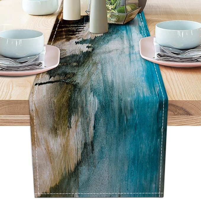 Teal Black and Brown Table Runners Rustic Farmhouse Linen Table Runners Abstract Modern Art Coffee Table Runner for Kitchen Dining Table Home Party Decor (Teal Brown, 13"x 71")