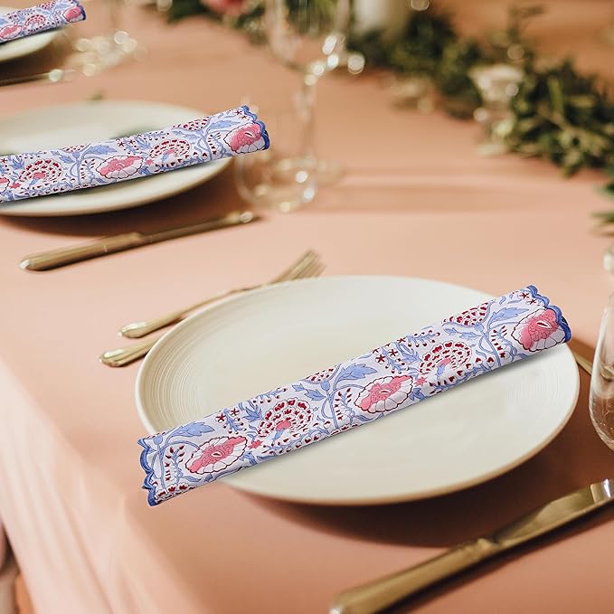 Ridhi Hand Block Print Pigeon Blue 18" x 18" (Set of 4) Embroidery Table Napkins Reusable Cotton Dinner Napkins for Weddings, Parties, Everyday Dining Gift for Spring, Easter, Valentine