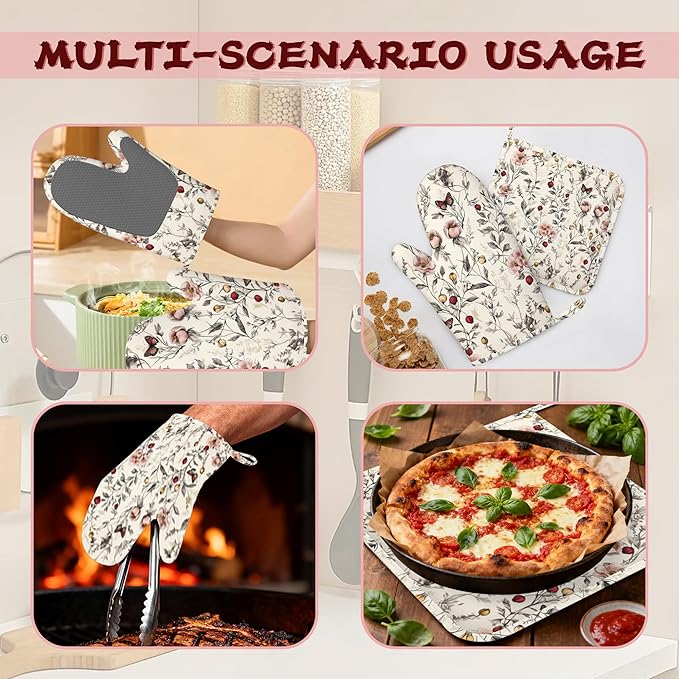 Retro Pink Floral Butterfly Heat-Resistant Silicone Oven Mitts and Pot Holders,Long Oven Gloves with Non-Slip Grip for Cooking, Baking, Grilling,BBQ