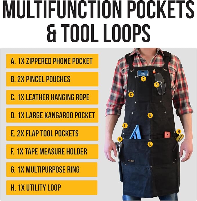 ecoZen Waxed Canvas Welding Apron with Kevlar Thread - Heat and Chemical Resistant, Fully Adjustable to Comfortably Fit Men and Women, 27 x 34 inches, Heavy Duty Tool Apron - Black, Size S to XXL