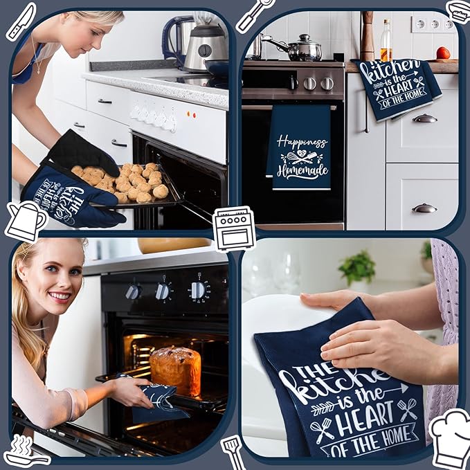 Sratte 6 Pcs Kitchen Decor Accessories Set Farmhouse Towels Pot Holders Oven Mitts Set 2 Dish Towels 2 Potholders 2 Cooking Mittens Oven Glove for Christmas Baking Cooking Supply(Blue,Kitchen)