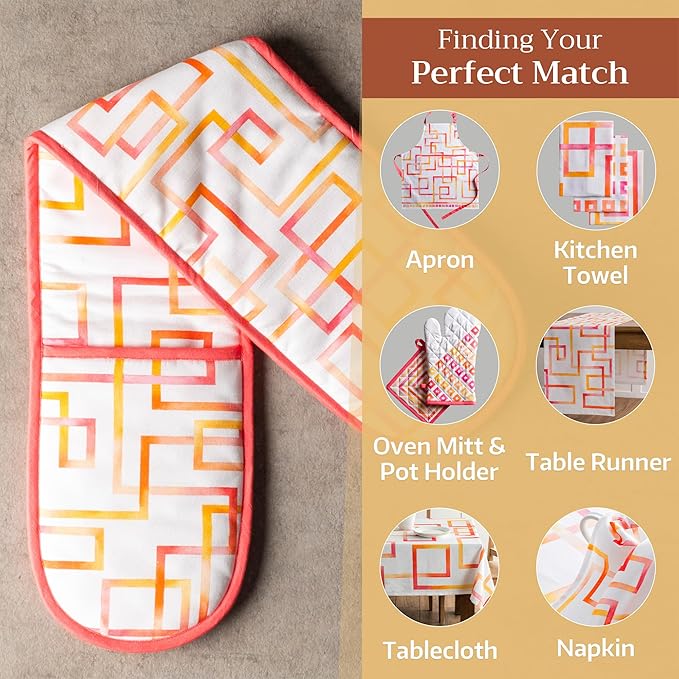 Maison d' Hermine Double Oven Mitts 100% Cotton 7"x35" Double Oven Mitt Heat Resistant BBQ Cooking Gloves with Loop Baking Grilling Gifts for Mothers Day Spring Summer (Summer Maze)